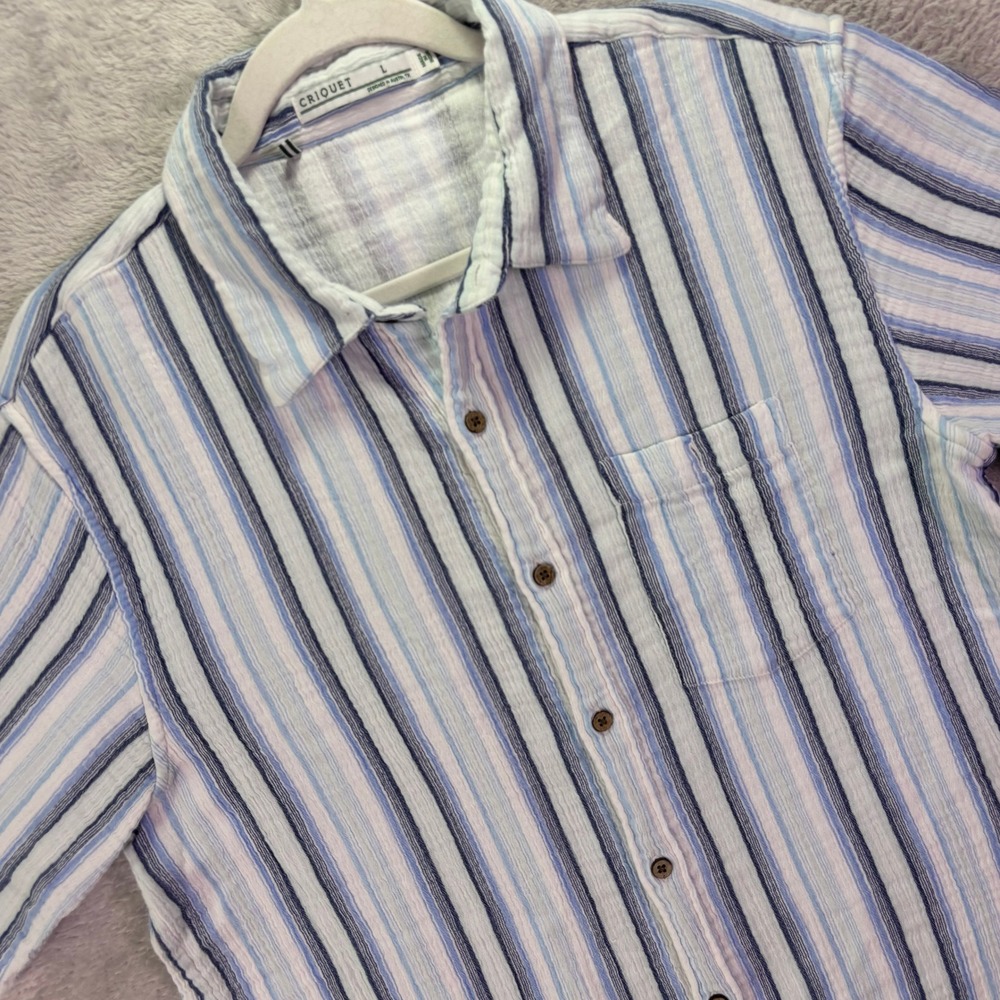 Criquet Mens Shirt Large Blue White Striped Short Sleeve Cotton Gauze Button Up